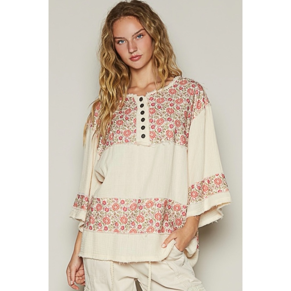 POL Cream 3/4 Sleeve Roomy Fit Henley Top with Floral Contrast